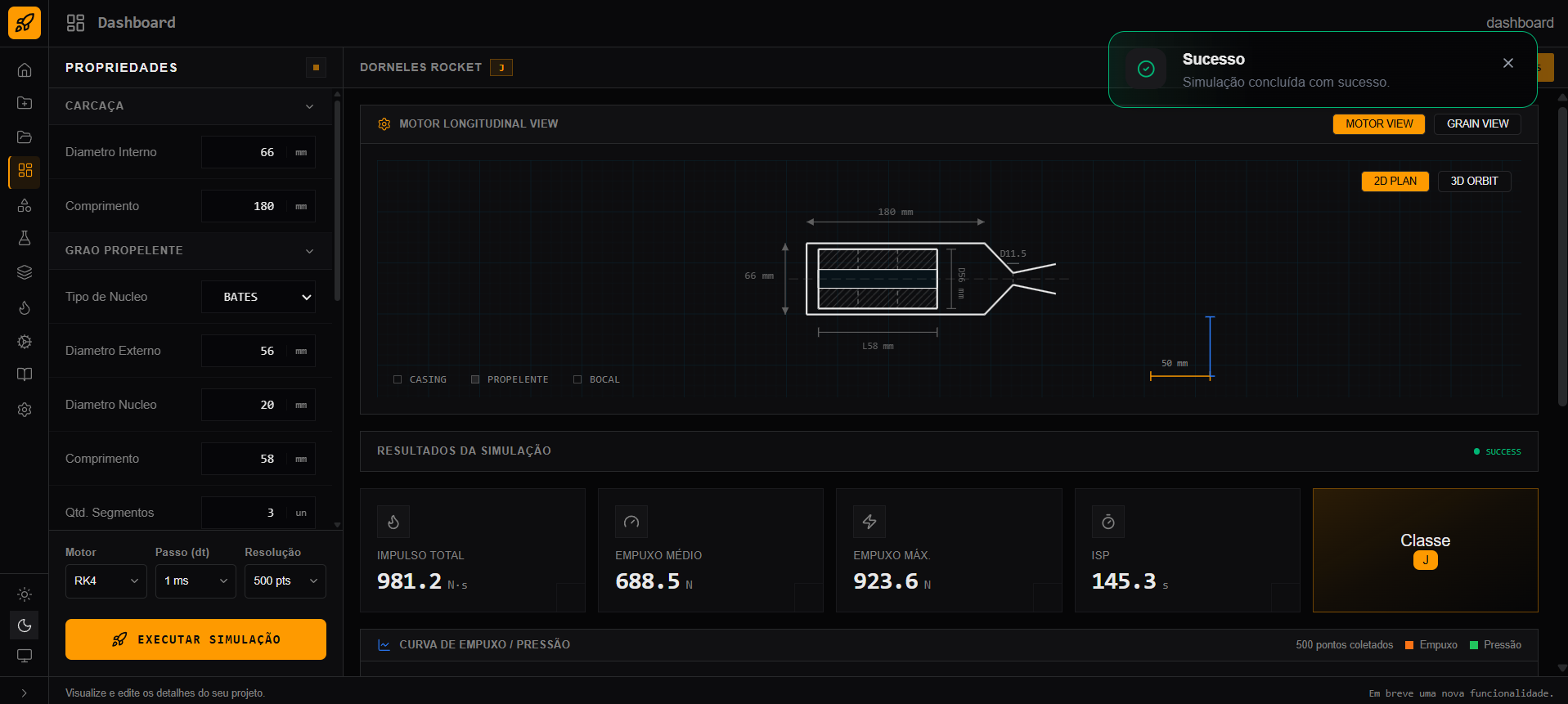 Dashboard do SRM Simulator mostrando geometria do grão e gráficos de simulação
